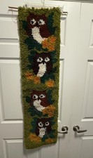 Vtg 1970's Completed Owl Latch Hook Rug Wall Hanging