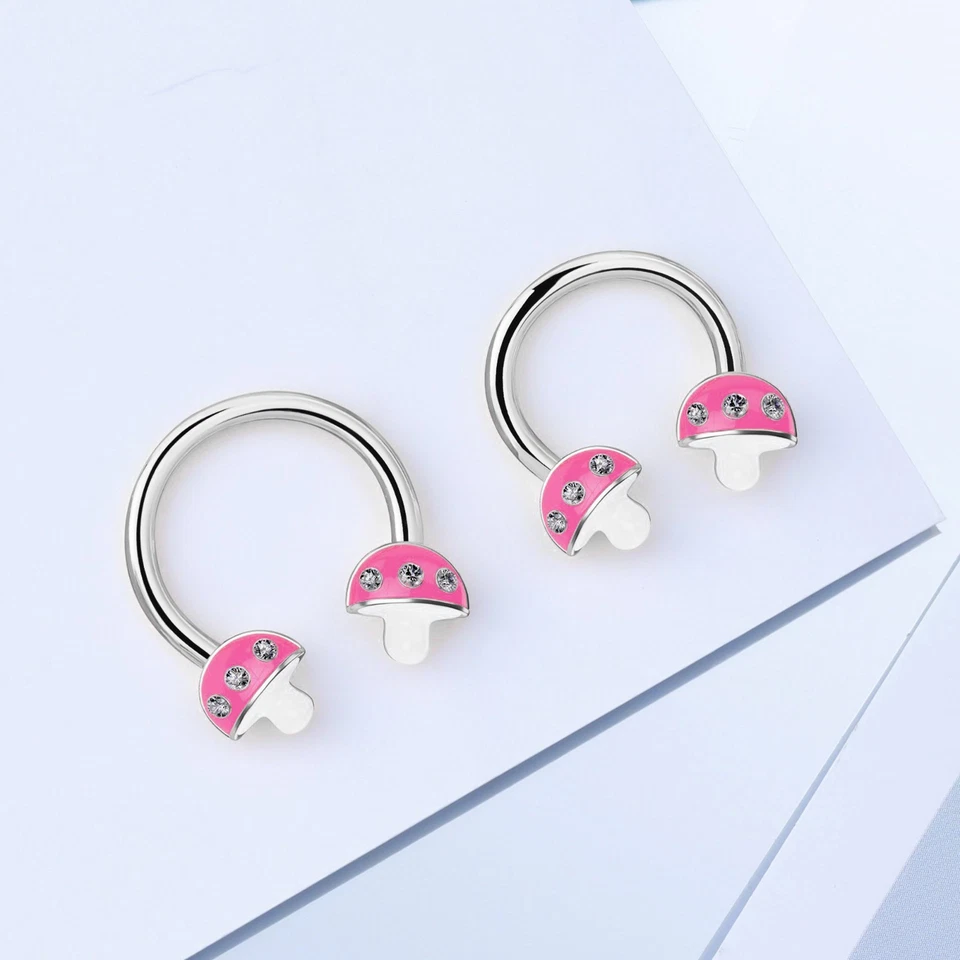 Brincos de cartilagem 16G de aço inoxidável com zircão circular ferradura cogumelo rosa - Imagem 3 de 4