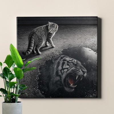 Monochrome Cat Tiger Reflection Art Print Graphic Illustration