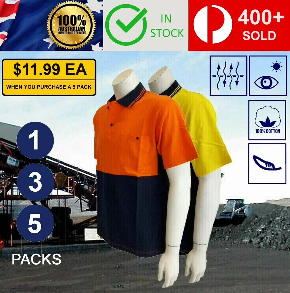 Hi Vis Viz Safety Fluro 100% Cotton Work Wear Short Sleeve Polo Shirt T Shirt
