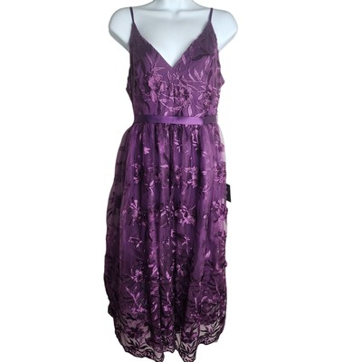 Lulus Pure Poise Dark Purple 3D Embroidered Tulle Midi Dress Sz M Witchy, Party