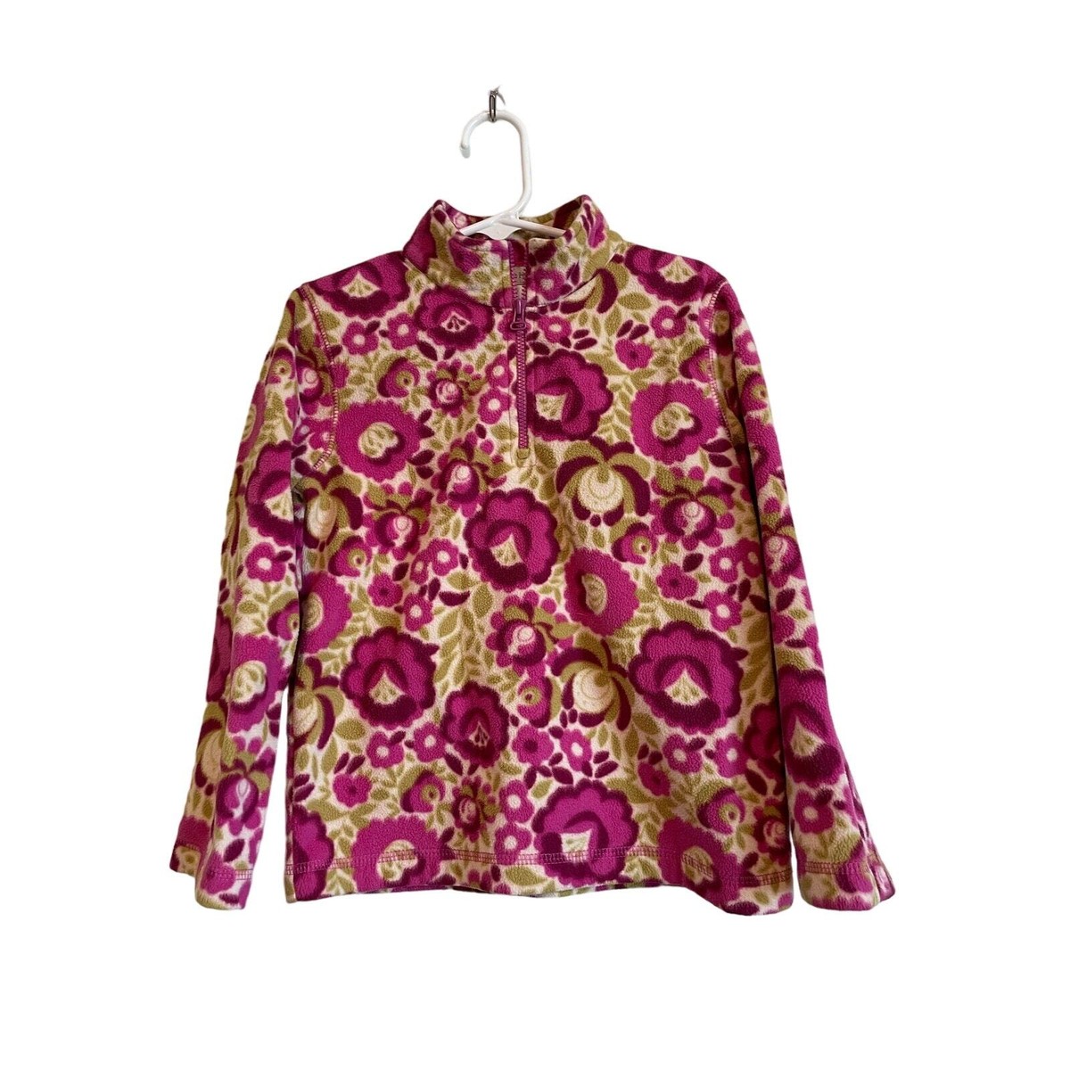 Garnet Hill pink floral 1/4 zip fleece pullover jacket high collar