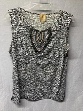 Kasper Womens L Blouse Sleeveless Keyhole Neck Beaded Abstract Career Dressy