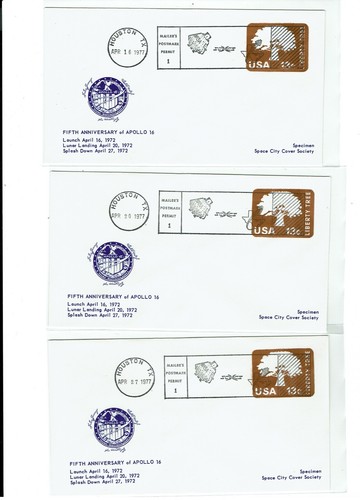 Apollo 16 ANNIVERSARY 1976-77 Space City Cover Society (4) + Postcard (1) !!