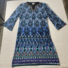 Chico's 1 Knit Knee Length Dress Misses L Poly Blue White Black Silver Beaded 