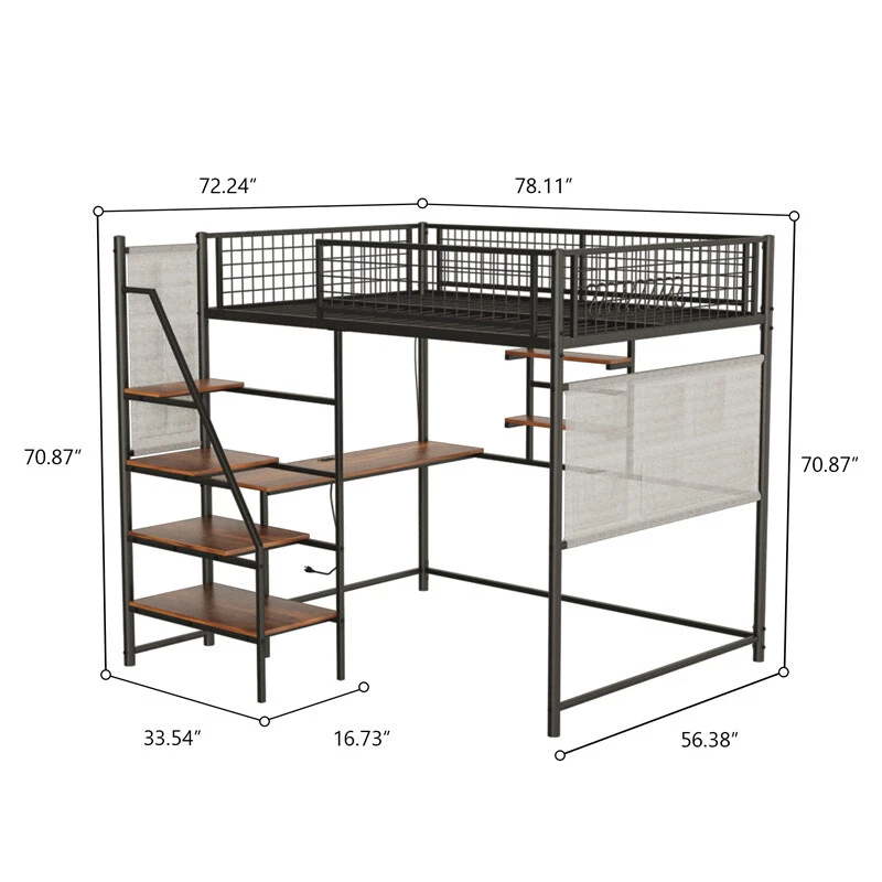 Cama tipo loft de metal de tamaño completo con escritorio, escaleras de almacenamiento, estantes y luz LED para dormitorio Foto 2 de 4