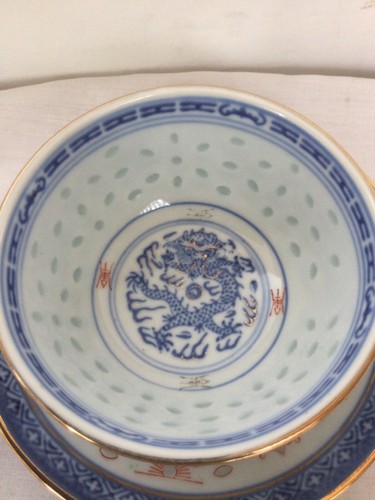 Vintage Chinese Tea Cup & Saucer Set Rice Blue White Linglong Dragon Multicolor - Picture 4 of 20