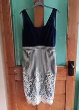 Little Mistress navy blue & white lace evening party dress 14 knee length