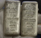 (2) Suisse Pamp Poured 10 oz .999 Fine Silver Bar 10 Troy Oz.