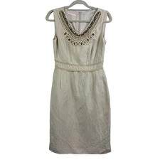 Embroidered Beaded Linen Blend BASLER Sheath Dress Size 38 (8) Oatmeal Office
