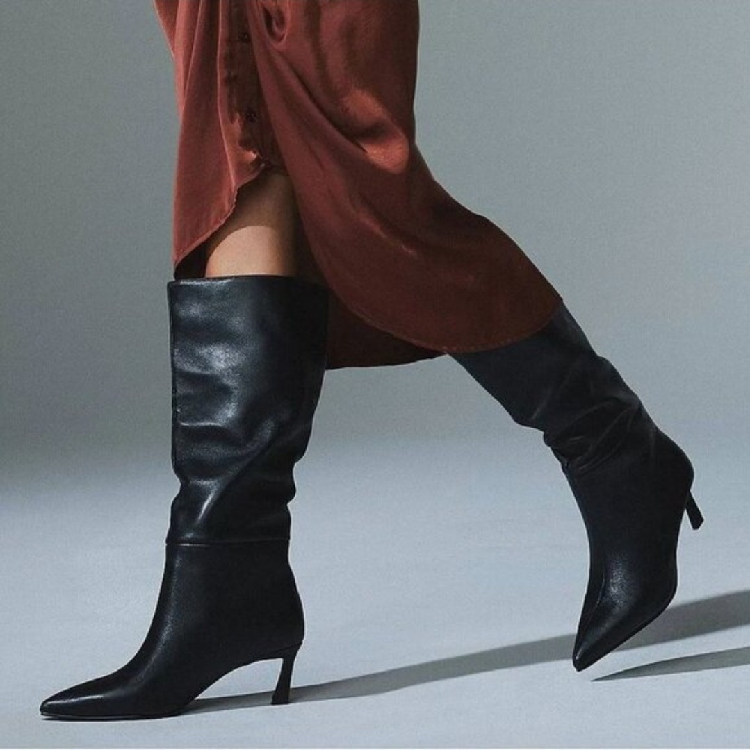 Steve Madden Lavan Black Leather Pointed Toe Kitten Heel Knee High Boots 6M