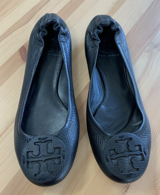 Tory Burch Black Reva Tumbled Leather Ballet Flat 8.5 New $225 Tonal Logo