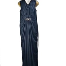 Adrianna Papell Womens Navy  Cap-Sleeve Tulle Gown Maxi Dress Jewel Waist Sz 14