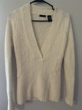 Moda International Sweater Ivory V Neck Pullover Womens Wool Blend Ski Cabin Sm
