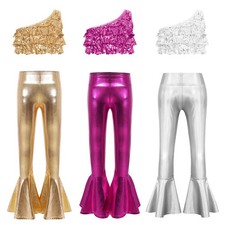 Kids Girls Set One Shoulder Costume Metallic Outfits Theme Party Shiny Dance
