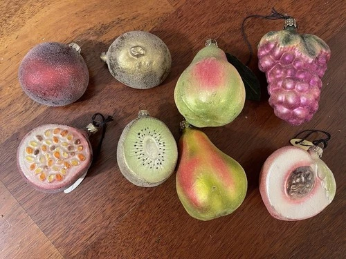 8 Vintage Sugared Fruit Christmas Tree Ornament Kiwi Peach Pear Grapes Poms