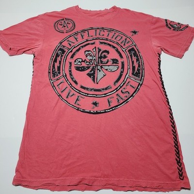 AFFLICTION Live Fast MEN'S Salmon Red Stitched T-Shirt Size XL USA Y2k