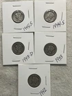 Lot of 5 Mercury Dimes 1942, 1943 P-D, 1944 S, 1945 S  90% Silver.