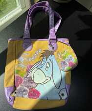 Disney Eeyore Medium Tote Handbag Beige Purple Blue w/ Coin Purse Charm