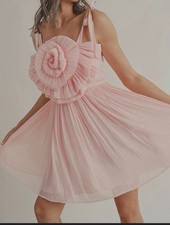 Rosette Dress Pink Medium M Luxury 3D Statement Sheer Fabric and Silk Lining
