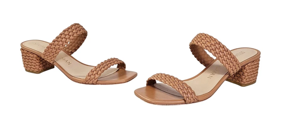 STUART WEITZMAN Tan Aleena Waikiki 50 Woven Leather Block Slide 8.5 $495 - Image 3 of 4