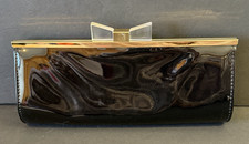 Black Patent Convertible Clutch Purse Gold Chain Lucite Bow Clasp Evening Bag