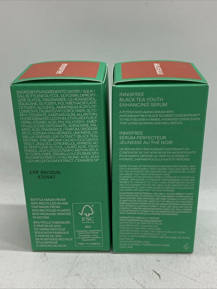 Suero facial potenciador juvenil Innisfree Black Tea 30 ml/1,01 fl. oz - Lote de 2 Foto 2 de 4