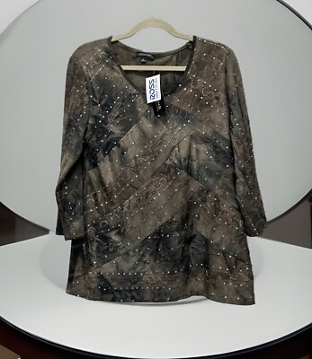 Notations Womens Top 1X Brown Black Tie-Dye Sparkle Sequins Pullover Stretch NWT