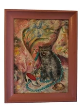 Vintage Original Oil Painting Cat With Jewelry Painting Jean B. Egan Artist 1972