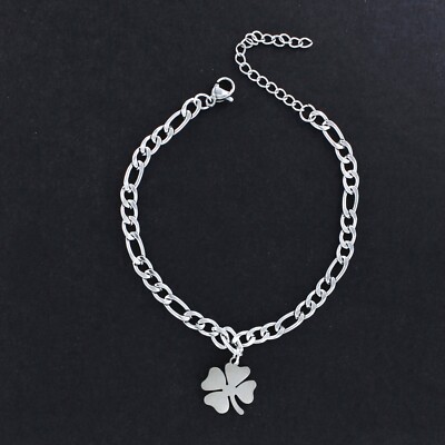 FOUR LEAF CLOVER Bracelet - Stainless Steel Curb Chain with Shamrock Dangle 7 in