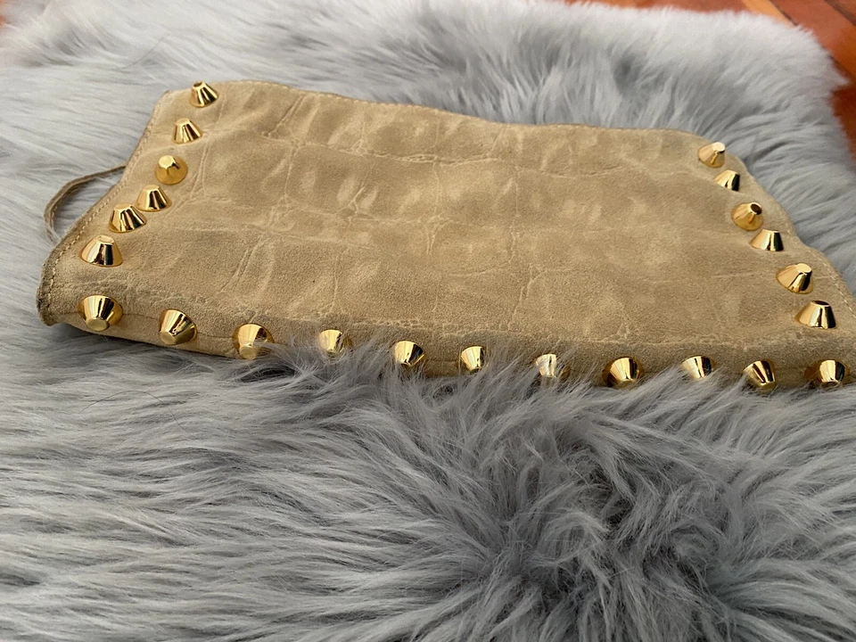 Linea Pelle Designer Clutch Tan Suede Leather Animal Print Gold Studs Lined M-L