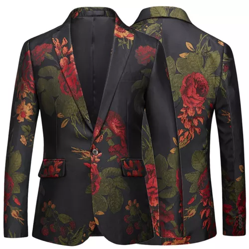 Men Business Floral Suit Blazer Dress Jacket Pocket Casual Party Cocktail Jacket