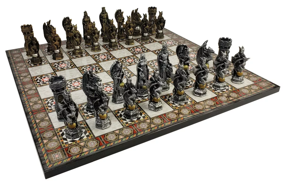 King Arthur KNIGHTS DRAGON Medieval Times Chess Set W 17 Mosaic Color Board