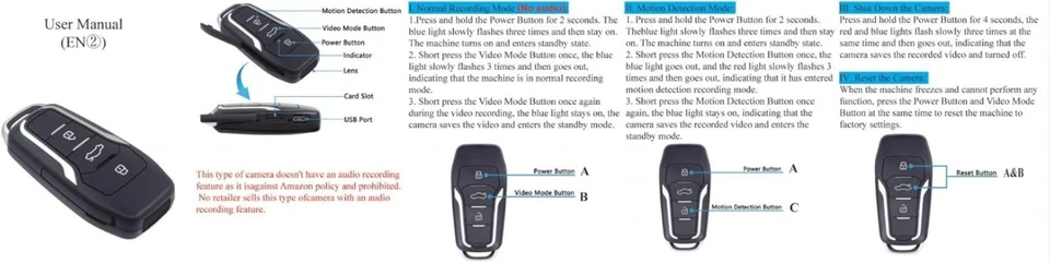 Cámara Oculta De Espía Llave Del Coche Detección De Movimiento Visión Nocturna.. - Image 2 of 4