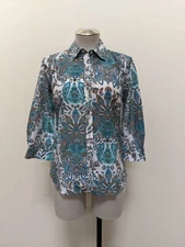 JCP JCPenny Silk Cotton Floral Diamond Button Down Shirt Blouse Top 3/4 Sleeves
