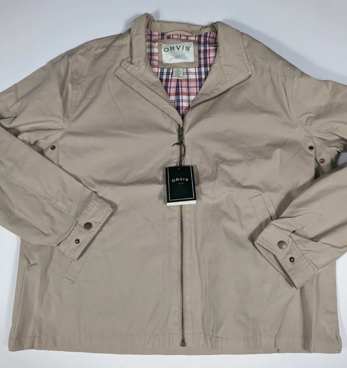 Orvis Plaid Lined Harrington Bomber Jacket Khaki Full Zip Orvis Plaid Lined Harrington Bomber Jacket Khaki Full Zip
