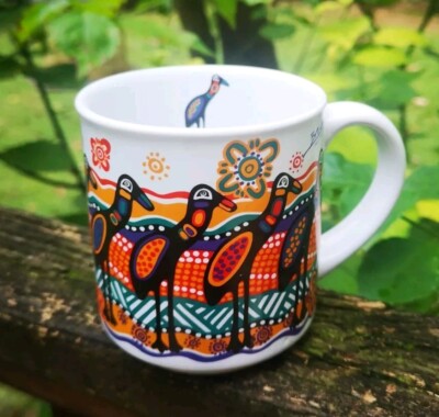 Balarinji Australia Coffee Mug - Aboriginal Dreamtime Design Of Colourful Emus 