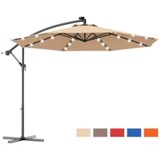 10' Hanging Solar LED Umbrella Patio Sun Shade Offset Market W/ Cross Base Beige