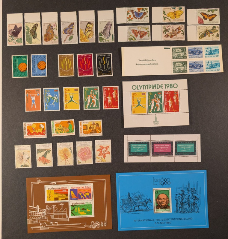 Suriname - Nice lot of 30 stamps, 1 booklet & 4 mini-sheets, all MNH, VF.