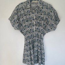 EXQUISE Floral Collared Short Sleeve Button Shirt Dress S White Blue Green