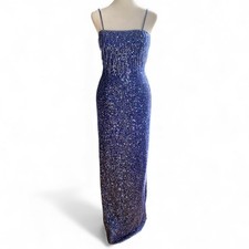 Vintage Scala Beaded Fringe Maxi Gown Dress Blue Sequins Art Deco Old Hollywood