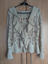 Kaliko Beige Crochet Cardigan with Ruffled Collar Cuffs and Hem
