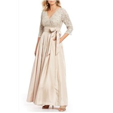 ELIZA J Formal Gown A-Line Dress Beige 3/4 Sleeve Lace Top Back Zip Sz 4