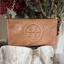 Tory Burch Brown Logo Shoulder Bag Zip Closure Gold Chain Detachable Strap
