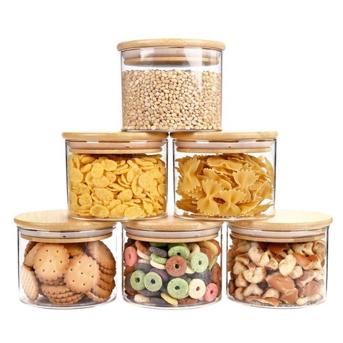 15oz Glass Food Storage Jars with Bamboo Lids Kitchen Set of 6 Canisters - Picture 1 of 7