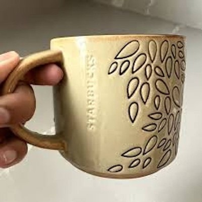Starbucks Coffee Mug Brown & Tan Engraved Leaves 14oz
