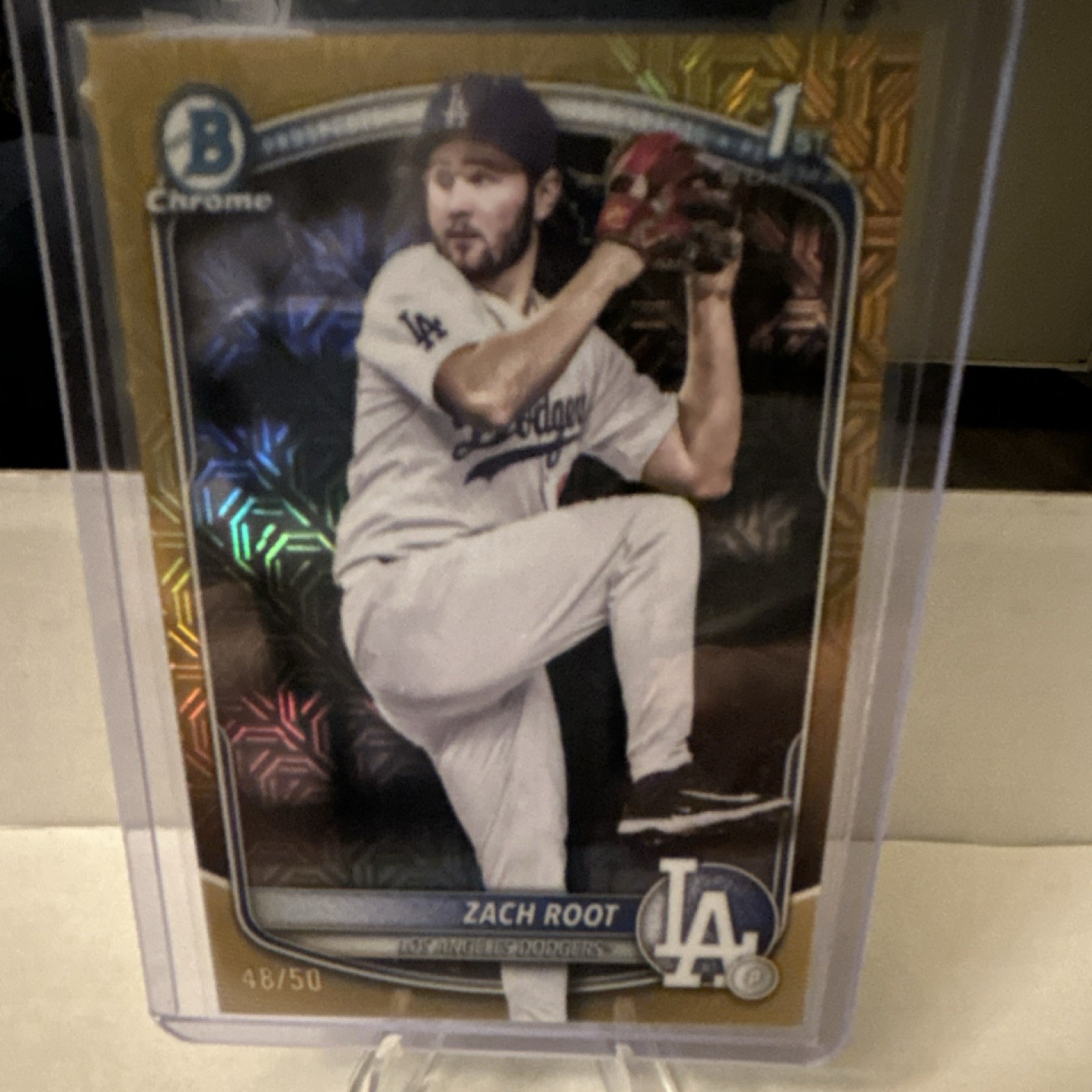 Zach Root 2025 Bowman 1st Draft Gold Rookie Mojo Refractor# BDC-22 Dodgers #/50