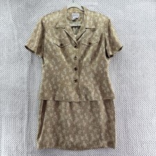 VTG Adrianna Papell Silk Shirt Skirt Set Womens 16 Brown Yellow Office Preppy