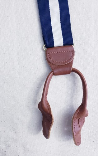 Vintage Polo By Ralph Lauren Stripe Suspenders Leather Brass Rare Made In USA - Picture 6 of 8