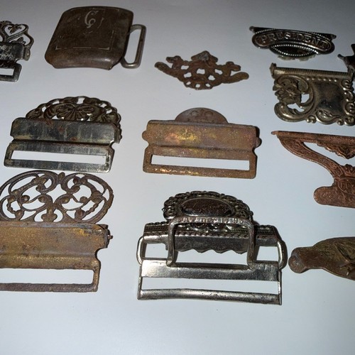 19pc Antique Victorian Gents Suspender Buckle Lot Brass Nickel Filigree 1892 Pat - Picture 6 of 7